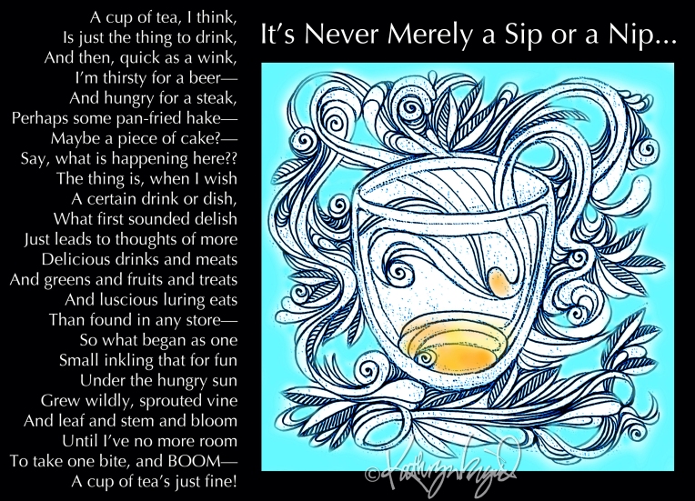 Digital illustration + text: It's Never Merely a Sip or a Nip